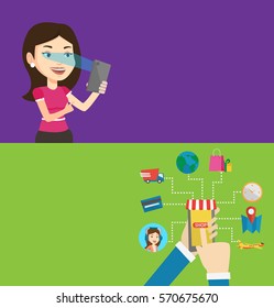 Two technology banners with space for text. Vector flat design. Horizontal layout. Caucasian woman using smart mobile phone with retina scanner. Woman using iris scanner to unlock her mobile phone.