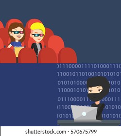 Two technology banners with space for text. Vector flat design. Horizontal layout. Computer hacker working on a laptop on the background of binary code. Hacker using a laptop to steal personal data.