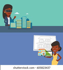 Two technology banners with space for text. Vector flat design. Horizontal layout. African-american woman holding digital tablet with photo of house. Woman looking at house photo on digital tablet.