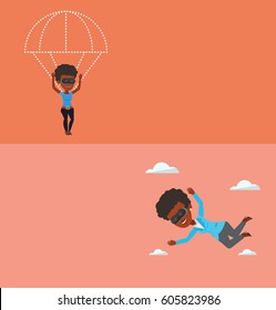Two technology banners with space for text. Vector flat design. Horizontal layout. Woman wearing vr glasses and flying with parachute. Woman in vr headset having fun while flying in virtual reality.