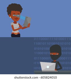 Two technology banners with space for text. Vector flat design. Horizontal layout. Computer hacker in mask working on a laptop. Hacker using laptop to steal data and personal identity information.