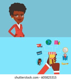 Two technology banners with space for text. Vector flat design. Horizontal layout. Human hands holding smartphone connected with shopping icons. Concept of online shopping, online store, e-commerce.