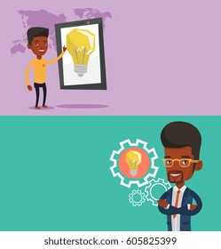 Dos banners tecnológicos con espacio para el texto. Diseño plano vectorial. Diseño horizontal. Empresario apuntando a un gran tablet. Empresario que usa tablet computer en el fondo del mapa del mundo.