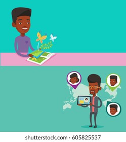 Dos banners tecnológicos con espacio para el texto. Diseño plano vectorial. Diseño horizontal. Hombre llevando una tablet con red social. Hombre parado en el fondo del mapa mundial con redes sociales.