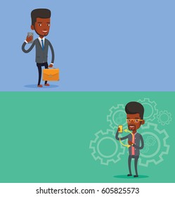 Two technology banners with space for text. Vector flat design. Horizontal layout. African-american business man with briefcase making selfie. Business man looking at smartphone and taking selfie.