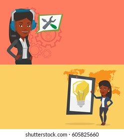 Two technology banners with space for text. Vector flat design. Horizontal layout. Operator of technical support wearing headphone set. Technical support operator with speech square with screwdriver.