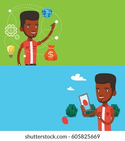 Two technology banners with space for text. Vector flat design. Horizontal layout. African-american man writing on a virtual screen. Businessman drawing a cloud computing diagram on a virtual screen.