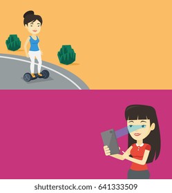 Two technology banners with space for text. Vector flat design. Horizontal layout. Asian woman using smart mobile phone with retina scanner. Young woman using iris scanner to unlock her mobile phone.