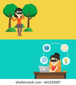 Two technology banners with space for text. Vector flat design. Horizontal layout. Woman wearing virtual reality headset in the park. Woman using virtual reality glasses and playing videogame in park.