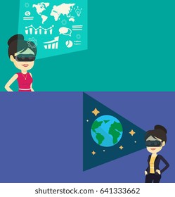 Two technology banners with space for text. Vector flat design. Horizontal layout. Woman in futuristic virtual reality headset looking at space with earth model. Asian woman playing virtual game.