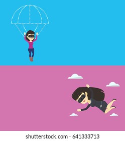 Dois banners de tecnologia com espaço para texto. Design plano vetorial. Layout horizontal. Mulher usando óculos vr e voando com paraquedas. Mulher no fone de ouvido vr se divertindo enquanto voava na realidade virtual.