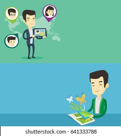 Two technology banners with space for text. Vector flat design. Horizontal layout. Man holding tablet computer with social network. Man standing on the background of world map with social network.