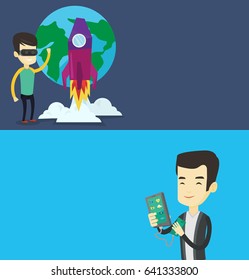 Two technology banners with space for text. Vector flat design. Horizontal layout. Woman wearing virtual reality glasses and playing video game. Woman in virtual reality headset flying in open space.