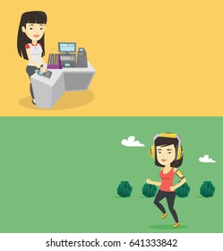 Two technology banners with space for text. Vector flat design. Horizontal layout. Asian woman running with earphones and armband for smartphone. Woman using armband for smartphone to listen to music.