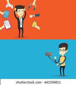 Two technology banners with space for text. Vector flat design. Horizontal layout. Man making selfie with a selfie-stick. Man making selfie with cellphone. Young man taking selfie and waving his hand.