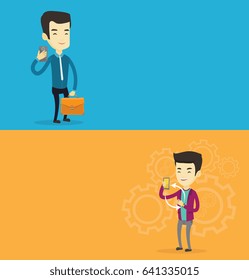 Two technology banners with space for text. Vector flat design. Horizontal layout. Asian businessman with briefcase making selfie. Businessman taking photo with cellphone. Businessman taking selfie.