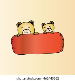 Two teddy bears holding banner. Hand drawing illustration.