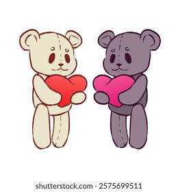 Two teddy bears holding hearts. Cute vector illustration.