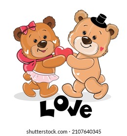Two teddy bears in love hold a heart. Vector cartoon illustration. Valentine's day card
