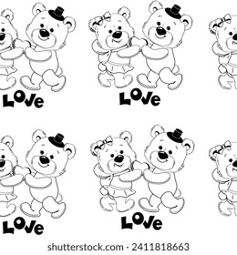 Two teddy bears in love hold a heart seamless, pattern. Vector cartoon illustration. Valentine's day card. Coloring book for children