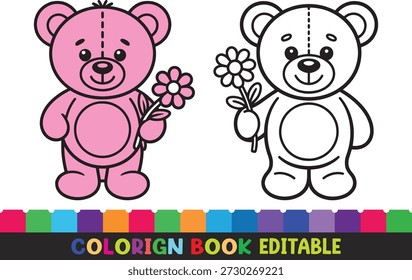Dos ositos de peluche uno de color rosa sosteniendo flores con un color en la paleta de abajo