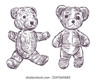 Dos osos de peluche retro de peluche de juguete de dibujos doodle Vector dibujado a mano ilustración aislada en blanco