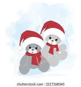 Two teddy bears in a Santa Claus hat on a winter background. Christmas greeting card.