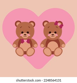 Two teddy bears sit in the background of a big pink heart. The concept of Valentine Day. Flat vector illustration isolated on a red background