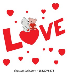 Two teddy bears sit hugging isolated on white background. Love, valentine's day, teddy bears on a pink heart background.