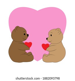 Dos osos de peluche están sentados unos frente a otros con el corazón en sus patas aislados en un fondo blanco. Los osos de peluche tienen un fondo cardíaco rosado.
