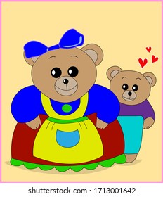 Two teddy bears, yellow background with red hearts. Cute cartoon vector art.