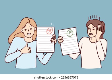 Two teen girls demonstrate sheets paper with positive and negative mark for completing exam task. Happy and upset female students share final test results for college admissions