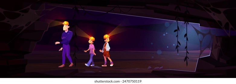 Two teen kids and father in helmets with headlamp exploring underground stone cave. Cartoon vector family adventure trip in cavern. parent with child boy and girl tourists research mine grotto.