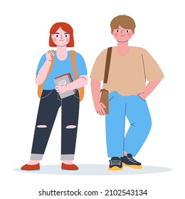 Two teen kids standing together. Couple of boy and girl. Portrait of school children with backpacks. Flat vector illustration of schoolboy and schoolgirl isolated on white background
