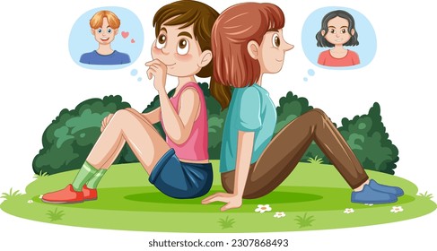 Two teen sitting on the ground day dreaming illustration