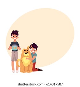 Two teenage boys, children, kids, one hugging big fluffy dog, another holding fish bowl, cartoon vector illustration with place for text. Two boys with pets - big brown dog and golden fish