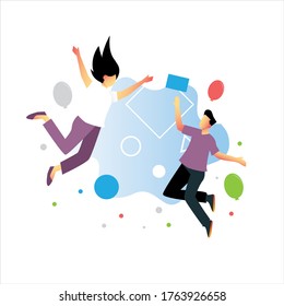 Two teenage boys girls jump happy balon around them with geometric shape. Funny children play in the Park. Happy youth. Sunny day. Vector flat style