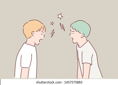 Two teenage boys screaming at each other. Hand drawn style vector design illustrations.