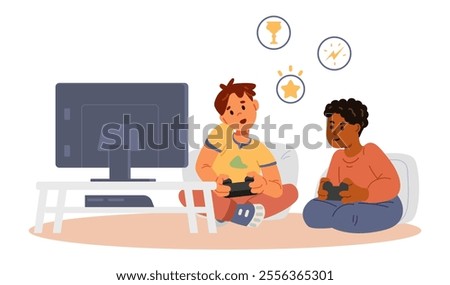 Two teenage boys sitting on the floor playing video games holding gamepads flat vector illustration isolated on white.