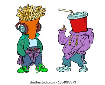 two teenage characters Cola and French fries meet and talk, comics illustration drawing