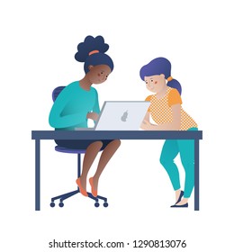 Two teenage girls, black and Caucasian working on laptop, coding, learning computer science, vector illustration isolated on white background. Two girls doing computer science homework on laptop