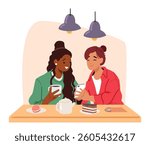 Two teenage girls chatting gossiping about news in social media looking at mobile phone screen in cafe scene. Female friends talking drinking coffee eating cakes in cafeteria vector illustration