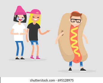 Two teenage girls joking over a boy wearing a hot dog costume. Mockery. Bullying. Flat editable vector illustration, clip art