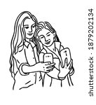 Two teenage girls make selfie on a smartphone. Girls showing positive emotions on their faces. Drawing lines. Outline style