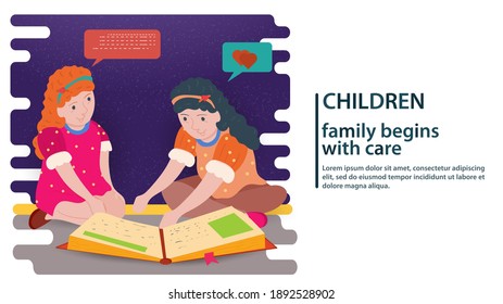 Two teenage girls reading a book sitting on the floor, a concept for banner design and websites and postcards, vector flat illustration