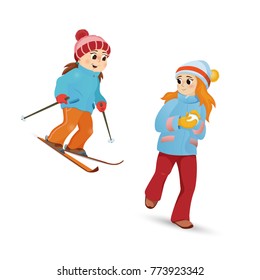 Two teenage girls skiing and playing snowballs