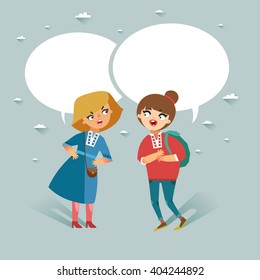 Two teenage girls talking. Speech bubbles with empty space for your text. Vector colorful illustration in flat style 