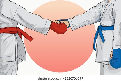 two teenage karatekas in red kimono and blue belts extend their hands to each other in greeting before the start of the competition