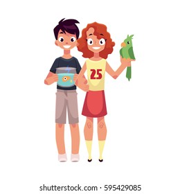 Two teenage kids, girl holding green parrot, boy with aquarium, fish bowl, cartoon vector illustration isolated on white background. Boy and girl with pets - goldfish, golden fish and green parrot