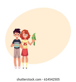 Two teenage kids, girl holding green parrot, boy with aquarium, fish bowl, cartoon vector illustration with place for text. Boy and girl with pets - goldfish, golden fish and green parrot
